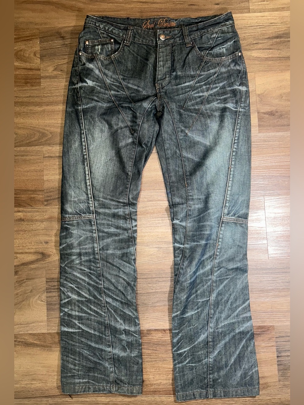 Soul Denim Archival Paneled Jeans Y2K Streetwear Distressed Whiskered Cyber Punk